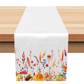 Aperturee - Aperturee Fall Table Runner White Runner with Watercolor Pumpkins Autumn Wildflowers Thanksgiving Table Decor