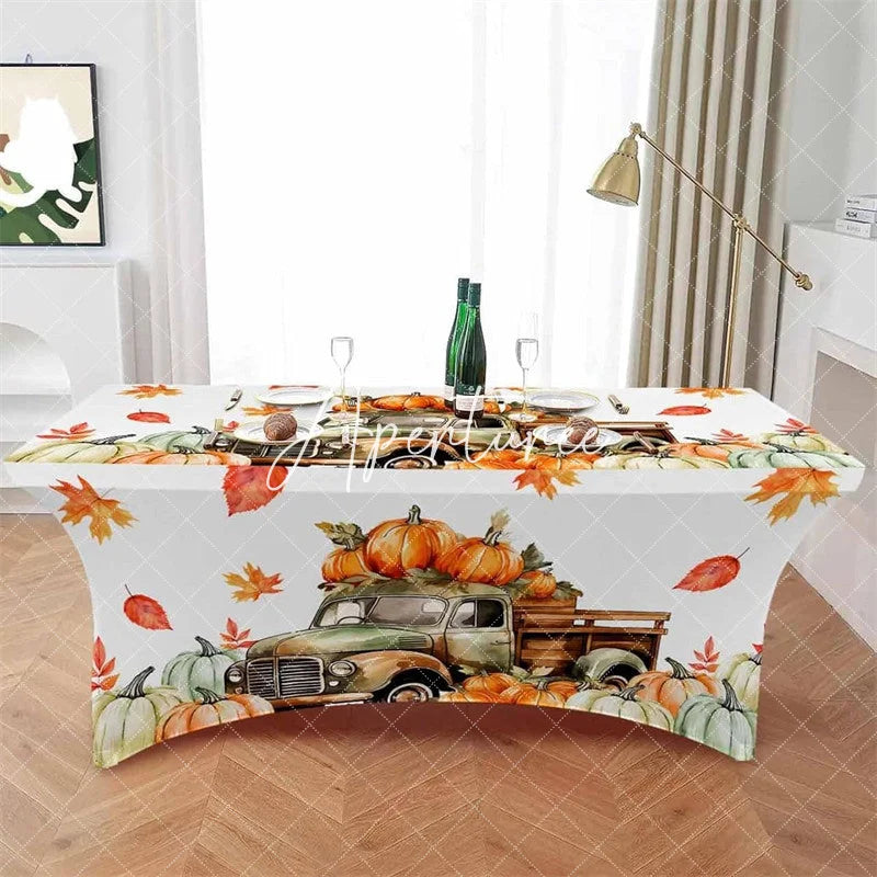 Aperturee - Aperturee Fall Thanksgiving Farm Truck Pumpkin Stretch Table Cover