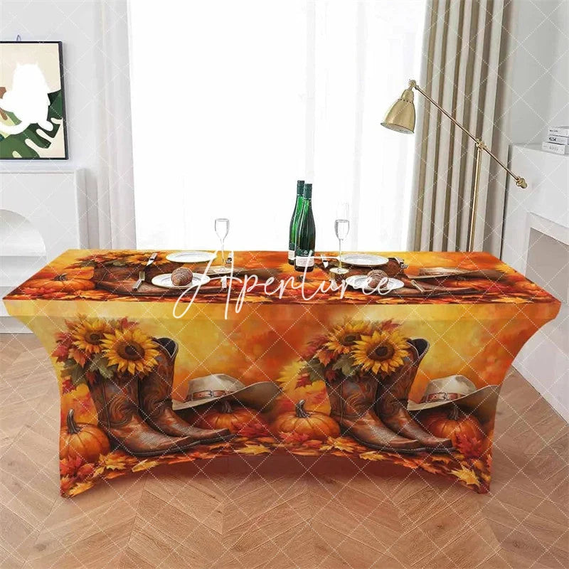 Aperturee - Aperturee Fall Thanksgiving West Cowboy Boot Stretch Table Cover