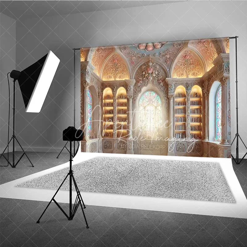 Aperturee - Aperturee Fantasy Castle Library Photography Backdrop Ornate Arch Stained Glass Window Background Magic School Photo Prop