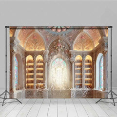 Aperturee - Aperturee Fantasy Castle Library Photography Backdrop Ornate Arch Stained Glass Window Background Magic School Photo Prop