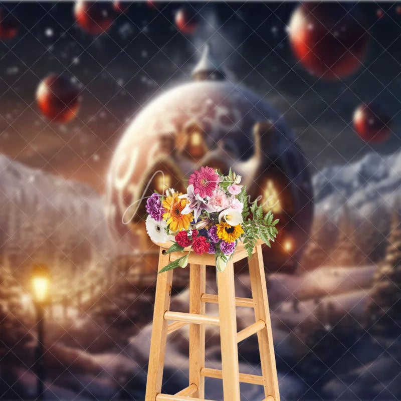 Aperturee - Aperturee Fantasy Christmas Backdrop Giant Ornament House in Snow Magical Winter Forest Holiday Photography Props