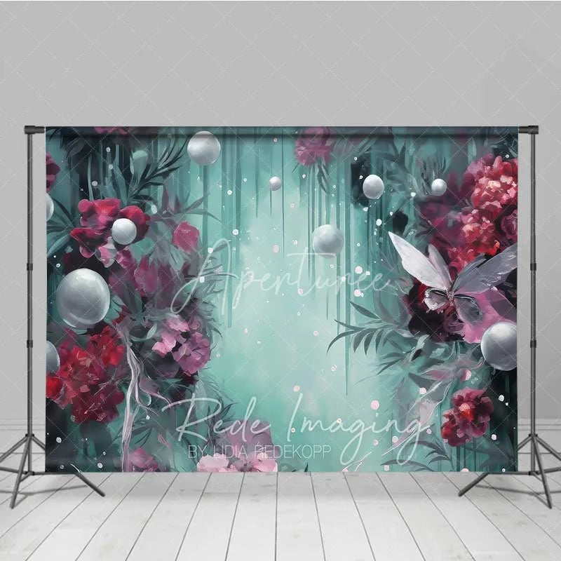 Aperturee - Aperturee Fantasy Floral Pearl Photography Backdrop Burgundy Flowers Teal Green Mist Background Dreamy Artistic Photo Prop