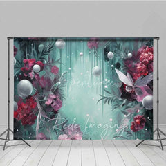 Aperturee - Aperturee Fantasy Floral Pearl Photography Backdrop Burgundy Flowers Teal Green Mist Background Dreamy Artistic Photo Prop