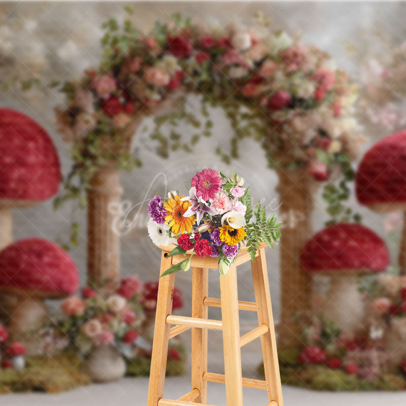 Aperturee - Aperturee Fantasy Mushroom Arch Photography Backdrop Red Toadstools with Floral Garland Enchanted Wedding Photo Background