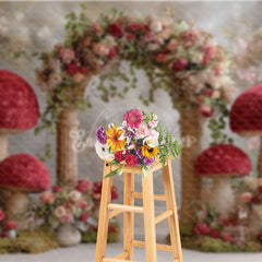 Aperturee - Aperturee Fantasy Mushroom Arch Photography Backdrop Red Toadstools with Floral Garland Enchanted Wedding Photo Background