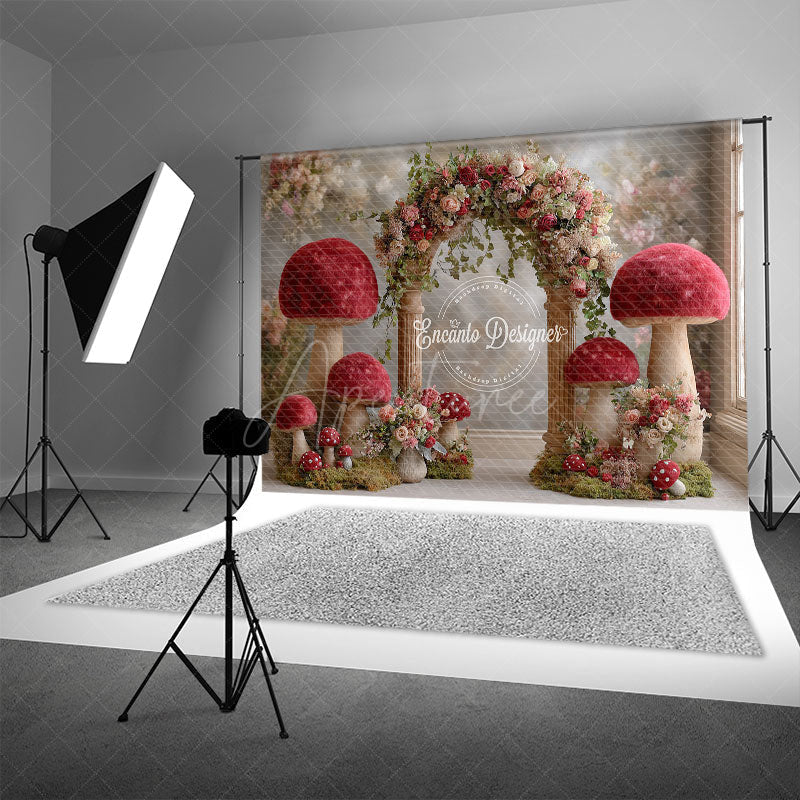 Aperturee - Aperturee Fantasy Mushroom Arch Photography Backdrop Red Toadstools with Floral Garland Enchanted Wedding Photo Background