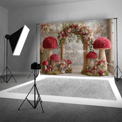 Aperturee - Aperturee Fantasy Mushroom Arch Photography Backdrop Red Toadstools with Floral Garland Enchanted Wedding Photo Background