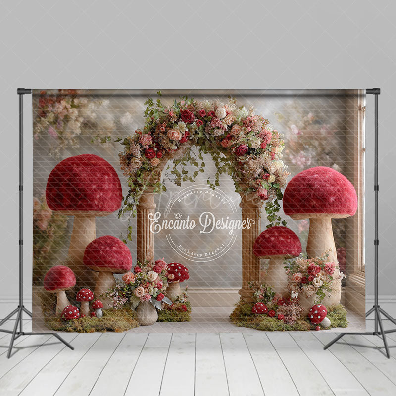 Aperturee - Aperturee Fantasy Mushroom Arch Photography Backdrop Red Toadstools with Floral Garland Enchanted Wedding Photo Background