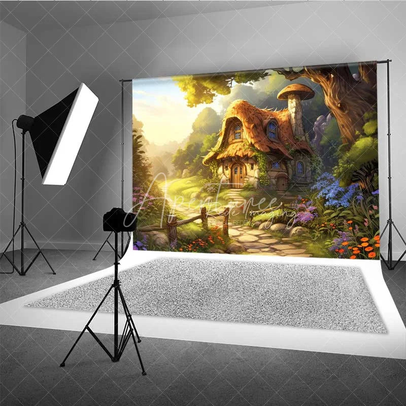 Aperturee - Aperturee Fantasy Mushroom House Photography Backdrop Fairytale Forest Cottage Photo Background Magic Garden Path Photo Booth