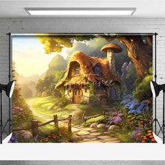 Aperturee - Aperturee Fantasy Mushroom House Photography Backdrop Fairytale Forest Cottage Photo Background Magic Garden Path Photo Booth