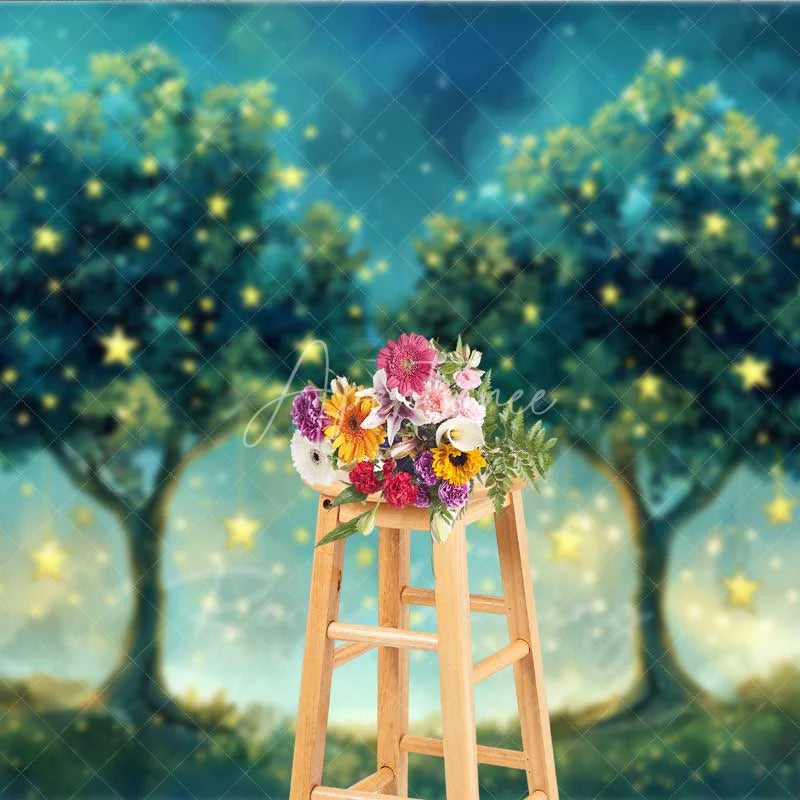 Aperturee - Aperturee Fantasy Starry Tree Photography Backdrop Magical Forest Glowing Night Sky Photo Background Dreamy Blue Woods Photo