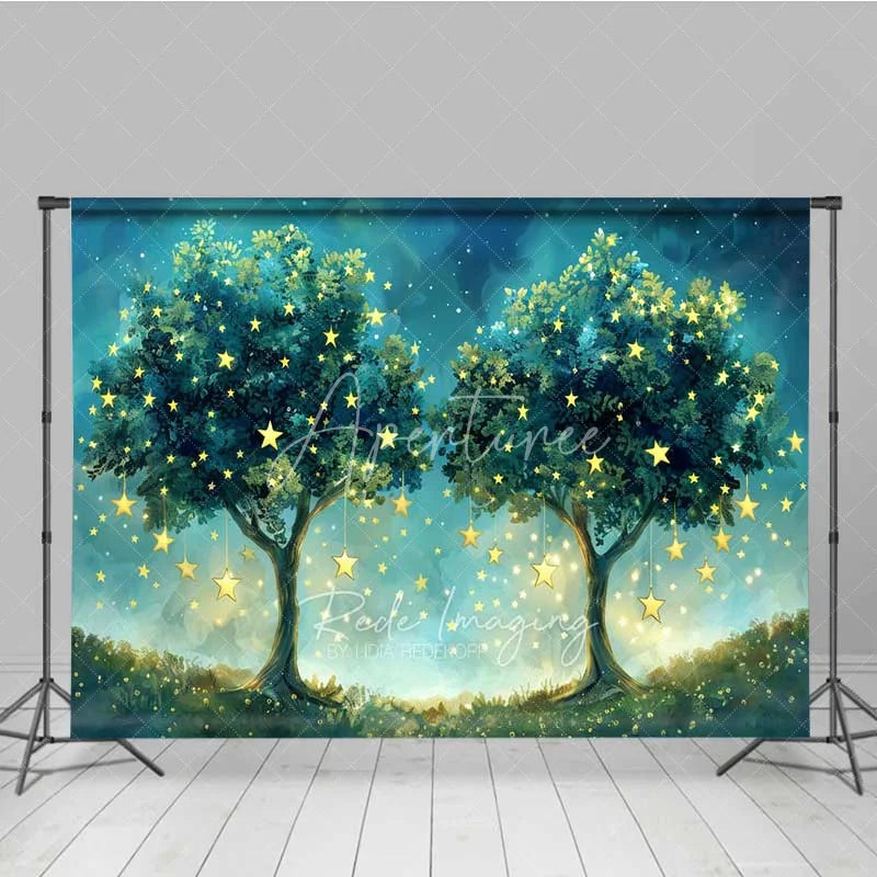Aperturee - Aperturee Fantasy Starry Tree Photography Backdrop Magical Forest Glowing Night Sky Photo Background Dreamy Blue Woods Photo