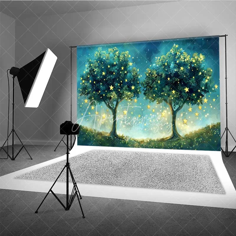 Aperturee - Aperturee Fantasy Starry Tree Photography Backdrop Magical Forest Glowing Night Sky Photo Background Dreamy Blue Woods Photo