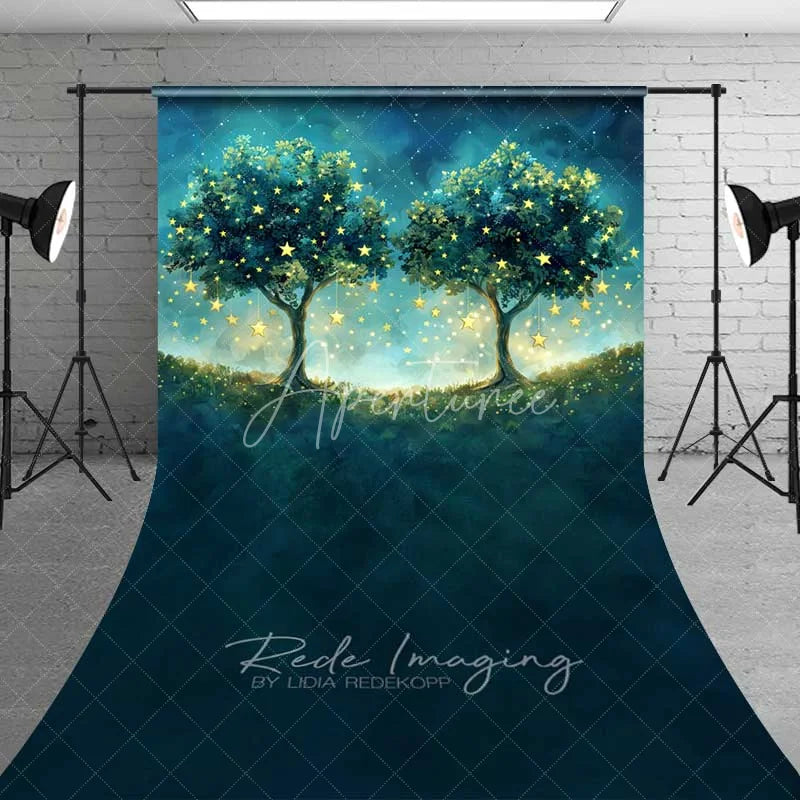Aperturee - Aperturee Fantasy Starry Tree Sweep Photo Backdrop Magical Forest Glowing Night Sky Background Dreamy Blue Woods Floor Prop