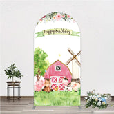 Aperturee - Aperturee Farm Animals Birthday Arch Backdrop for Girl Watercolor Pink Barnyard and Floral Theme Happy Birthday Party Decor