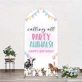 Aperturee - Aperturee Farm Animals Birthday Arched Backdrop ’Calling All Party Animals’ for Rustic Farmhouse Barnyard Party Decor