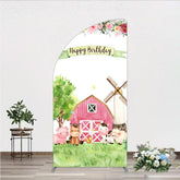 Aperturee - Aperturee Farm Animals Birthday Half Moon Arch Backdrop for Girl Watercolor Pink Barnyard and Floral Theme Happy Birthday Party