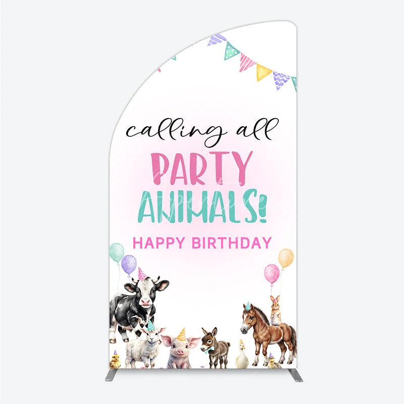 Aperturee - Aperturee Farm Animals Birthday Half Moon Arched Backdrop ’Calling All Party Animals’ for Rustic Farmhouse Barnyard Party Decor