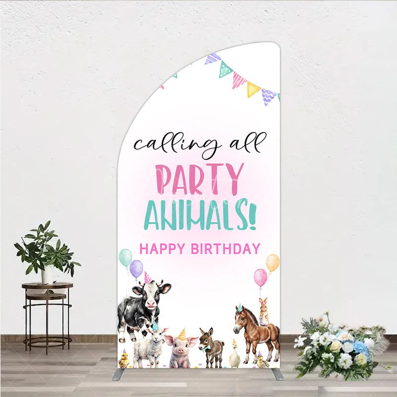 Aperturee - Aperturee Farm Animals Birthday Half Moon Arched Backdrop ’Calling All Party Animals’ for Rustic Farmhouse Barnyard Party Decor