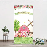 Aperturee - Aperturee Farm Animals Birthday Rectangle Backdrop for Girl Watercolor Pink Barnyard and Floral Theme Happy Birthday Party Decor
