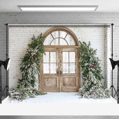 Aperturee - Aperturee Farmhouse Christmas Backdrop Rustic Wood Arched Door Snowy Pine Garland White Brick Wall Background