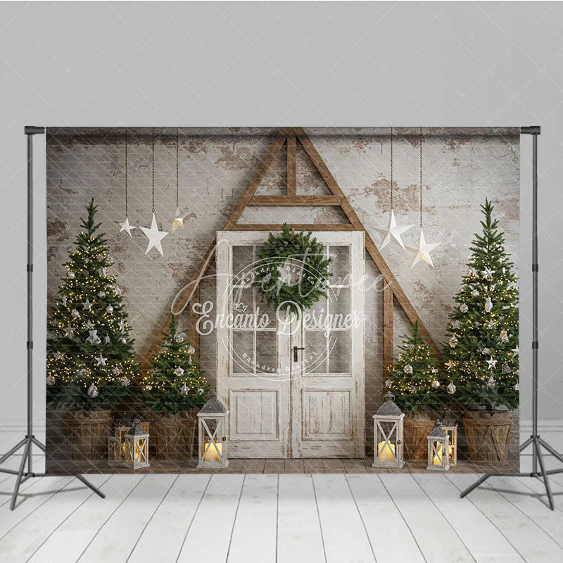 Aperturee - Aperturee Farmhouse Christmas Door Photography Backdrop Rustic A-Frame with Trees Holiday Mini Session Background