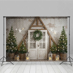 Aperturee - Aperturee Farmhouse Christmas Door Photography Backdrop Rustic A-Frame with Trees Holiday Mini Session Background