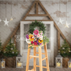 Aperturee - Aperturee Farmhouse Christmas Door Photography Backdrop Rustic A-Frame with Trees Holiday Mini Session Background