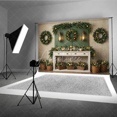Aperturee - Aperturee Farmhouse Christmas Photography Backdrop Green Wall with Wreaths and Lanterns Rustic Holiday Photo Background