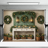 Aperturee - Aperturee Farmhouse Christmas Photography Backdrop Green Wall with Wreaths and Lanterns Rustic Holiday Photo Background