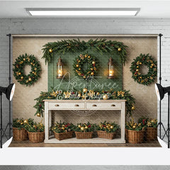 Aperturee - Aperturee Farmhouse Christmas Photography Backdrop Green Wall with Wreaths and Lanterns Rustic Holiday Photo Background