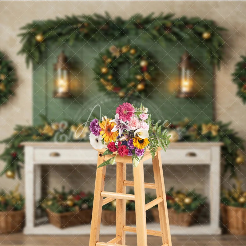 Aperturee - Aperturee Farmhouse Christmas Photography Backdrop Green Wall with Wreaths and Lanterns Rustic Holiday Photo Background