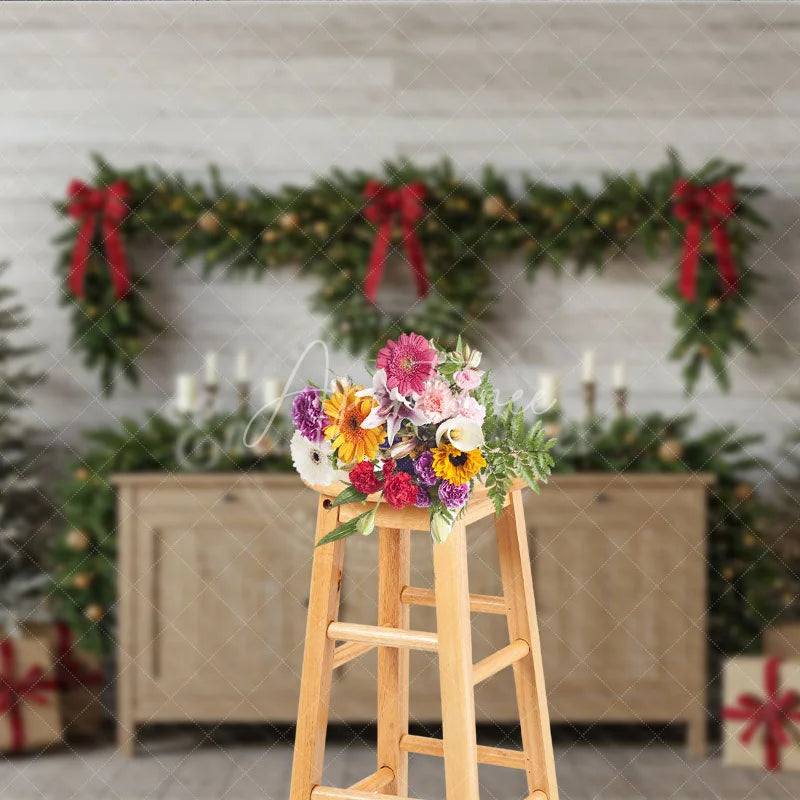 Aperturee - Aperturee Farmhouse Christmas Photography Backdrop Rustic Wood Console with Flocked Trees Holiday Mini Session Background