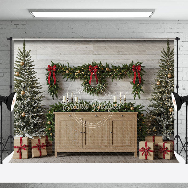 Aperturee - Aperturee Farmhouse Christmas Photography Backdrop Rustic Wood Console with Flocked Trees Holiday Mini Session Background
