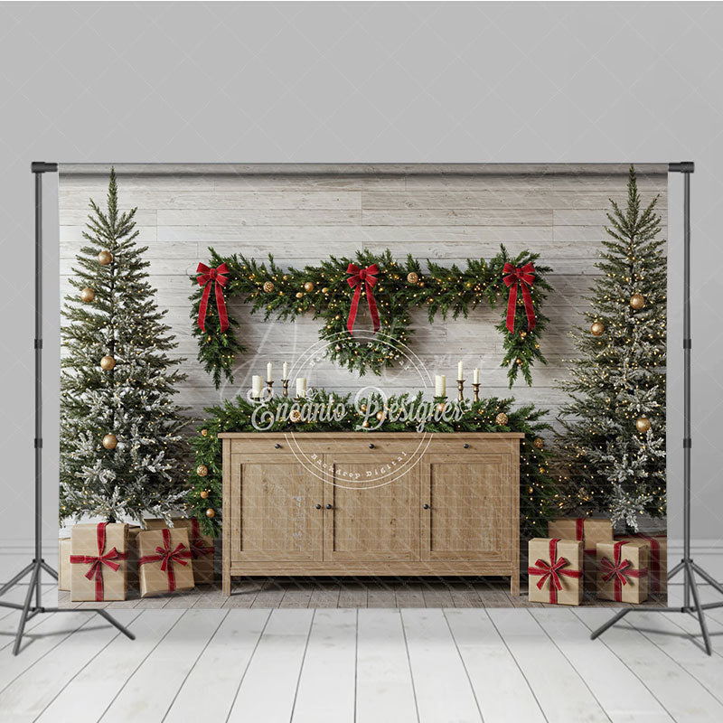 Aperturee - Aperturee Farmhouse Christmas Photography Backdrop Rustic Wood Console with Flocked Trees Holiday Mini Session Background