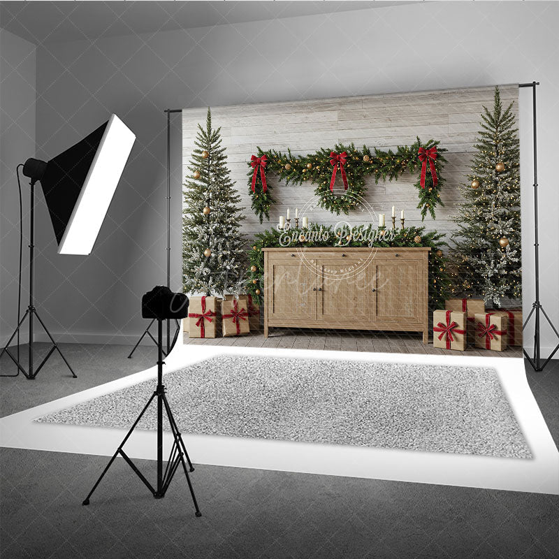 Aperturee - Aperturee Farmhouse Christmas Photography Backdrop Rustic Wood Console with Flocked Trees Holiday Mini Session Background