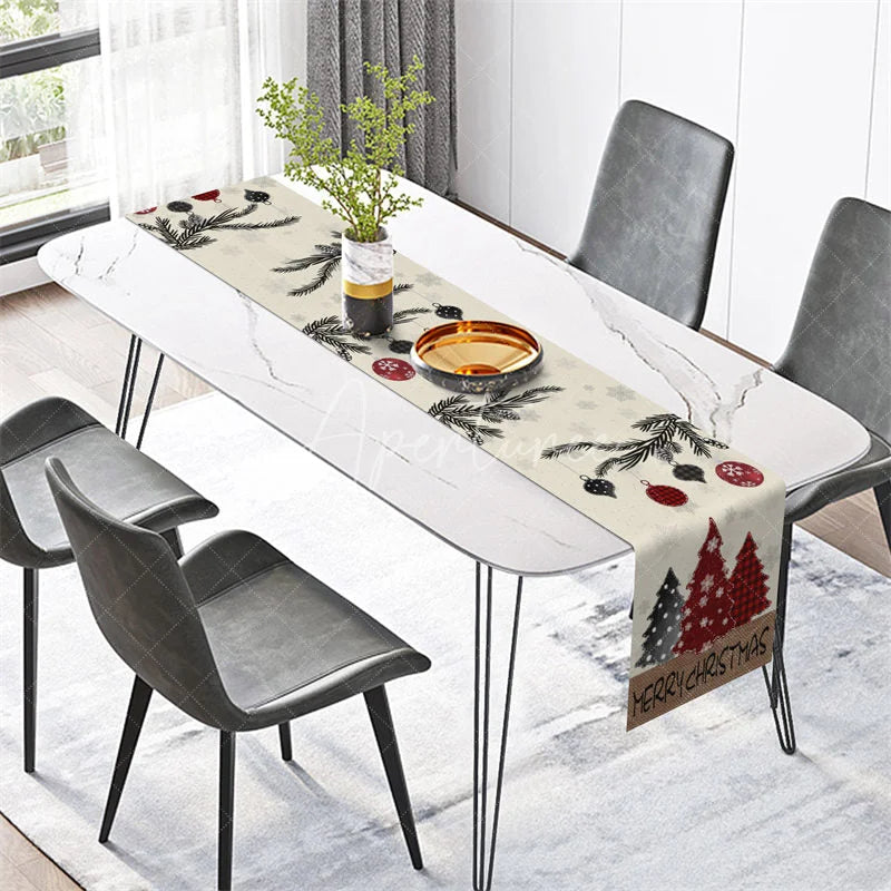 Aperturee - Aperturee Farmhouse Christmas Table Runner Beige Burlap Runner with Pine Branch Plaid Trees Holiday Table Decor
