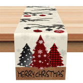 Aperturee - Aperturee Farmhouse Christmas Table Runner Beige Burlap Runner with Pine Branch Plaid Trees Holiday Table Decor