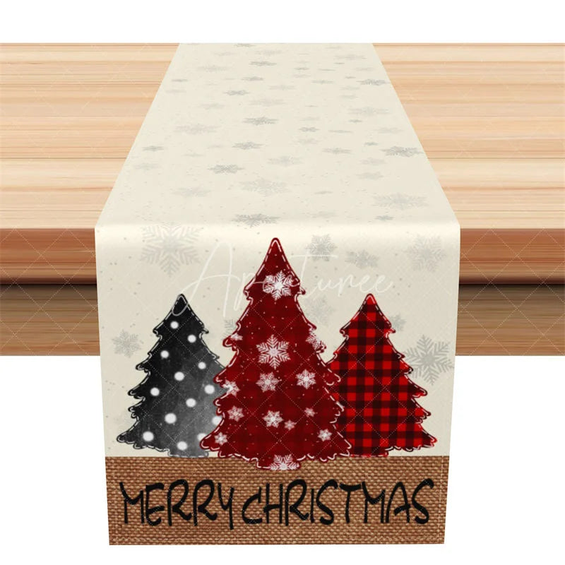 Aperturee - Aperturee Farmhouse Christmas Table Runner Beige Burlap Runner with Plaid Trees Merry Christmas Table Decor