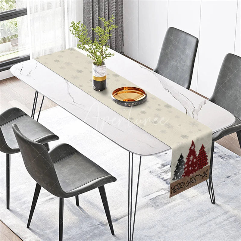 Aperturee - Aperturee Farmhouse Christmas Table Runner Beige Burlap Runner with Plaid Trees Merry Christmas Table Decor