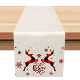 Aperturee - Aperturee Farmhouse Christmas Table Runner Beige Runner with Plaid Reindeer Believe Text Holiday Table Decor