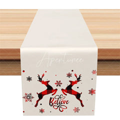 Aperturee - Aperturee Farmhouse Christmas Table Runner Beige Runner with Plaid Reindeer Believe Text Holiday Table Decor