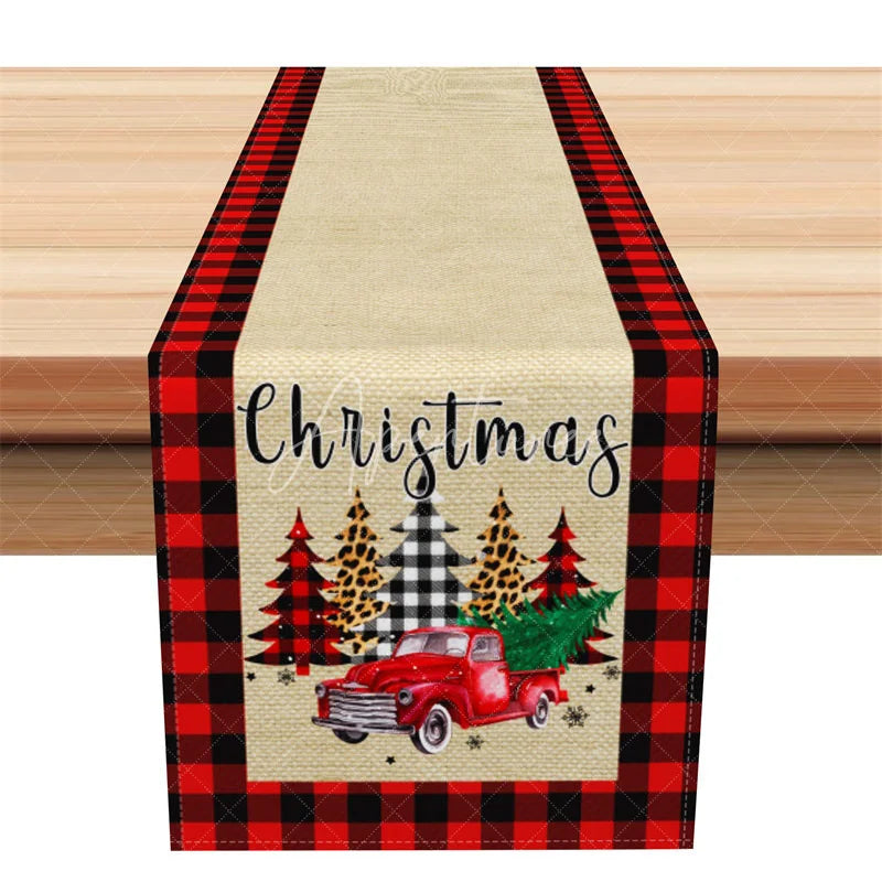 Aperturee - Aperturee Farmhouse Christmas Table Runner Burlap Runner with Red Truck Red Buffalo Plaid Border Table Decor