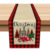 Aperturee - Aperturee Farmhouse Christmas Table Runner Burlap Runner with Red Truck Red Buffalo Plaid Border Table Decor