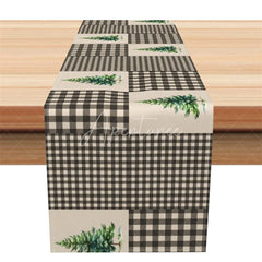 Aperturee - Aperturee Farmhouse Christmas Table Runner Grey Plaid with Pine Trees Rustic Woodland Holiday Table Decor