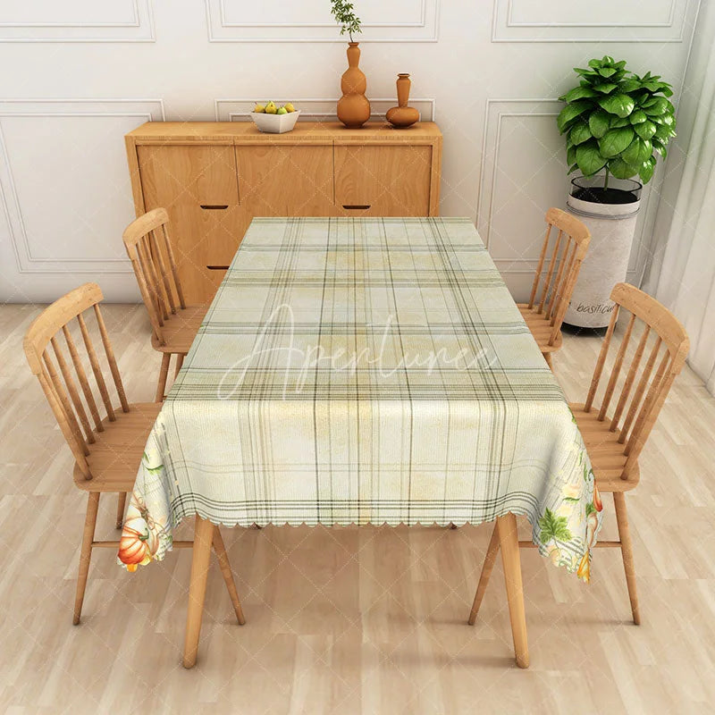 Aperturee - Aperturee Farmhouse Fall Tablecloth with Pumpkins and Green Stripes for Thanksgiving Holiday and Autumn Kitchen Decor