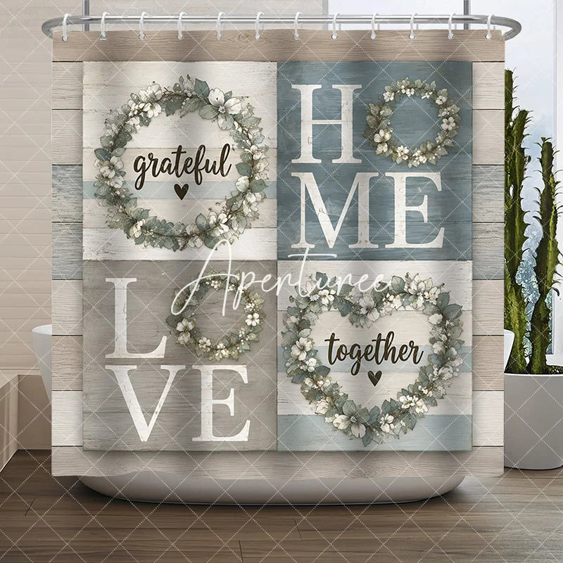 Aperturee - Aperturee Farmhouse Grateful Home Love Together Floral Wreath Shower Curtain Rustic Wood Plank Bathroom Decor