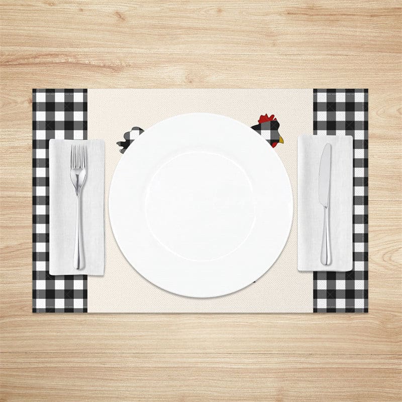 Aperturee - Aperturee Farmhouse Hens Black White Plaid Set of 4 Placemats
