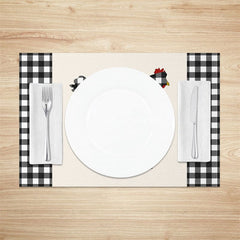 Aperturee - Aperturee Farmhouse Hens Black White Plaid Set of 4 Placemats
